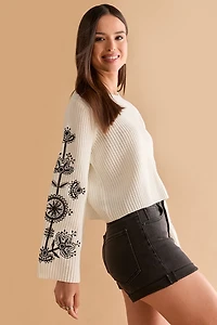 Mara Embroidered Sleeve Pullover Sweater