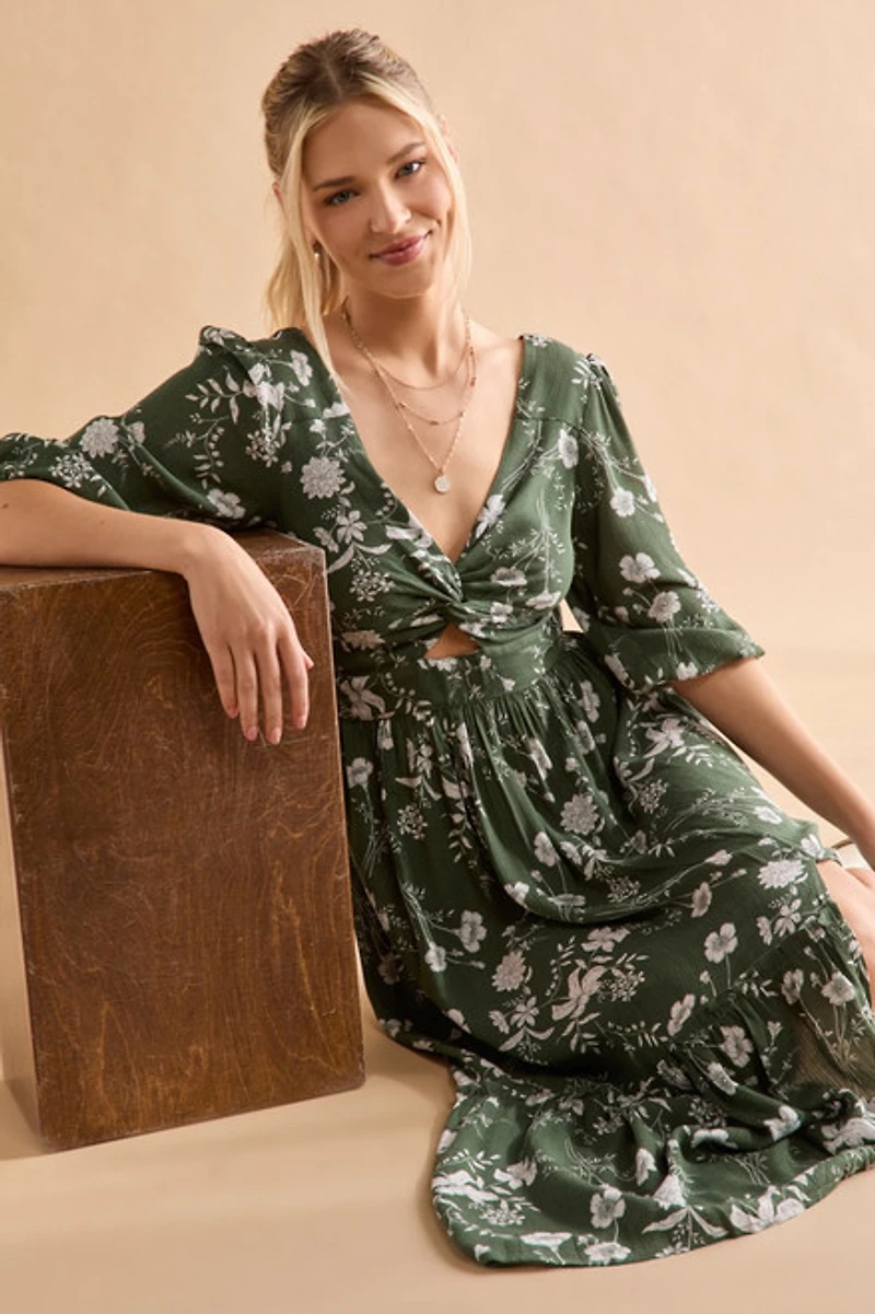 Tammy Front Twist Floral Midi Dress