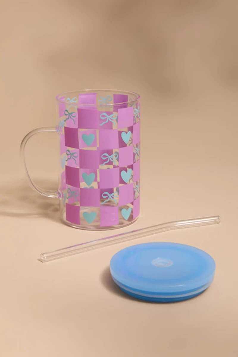 Checkered Hearts and Bows Glass Mug 15oz
