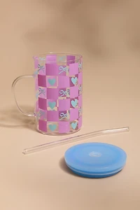 Checkered Hearts and Bows Glass Mug 15oz