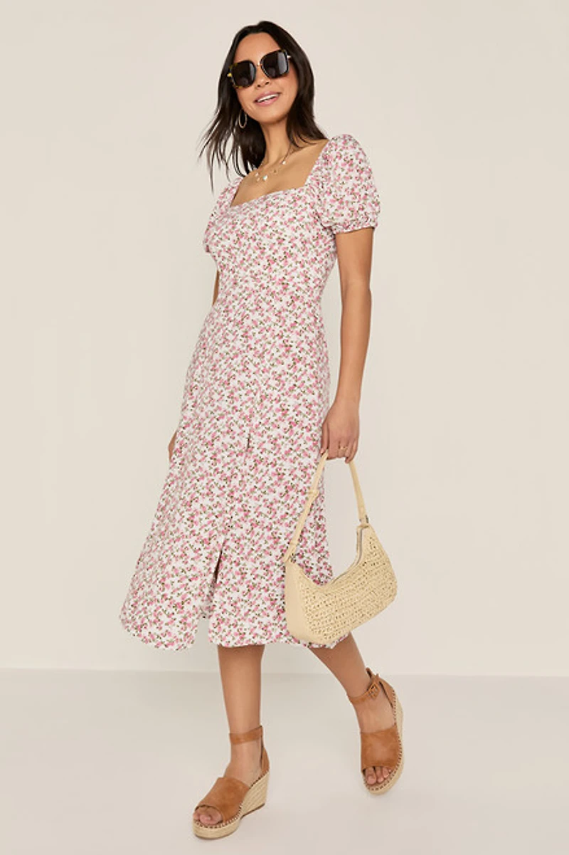 Tabitha Puff Sleeve Pink Floral Midi Dress