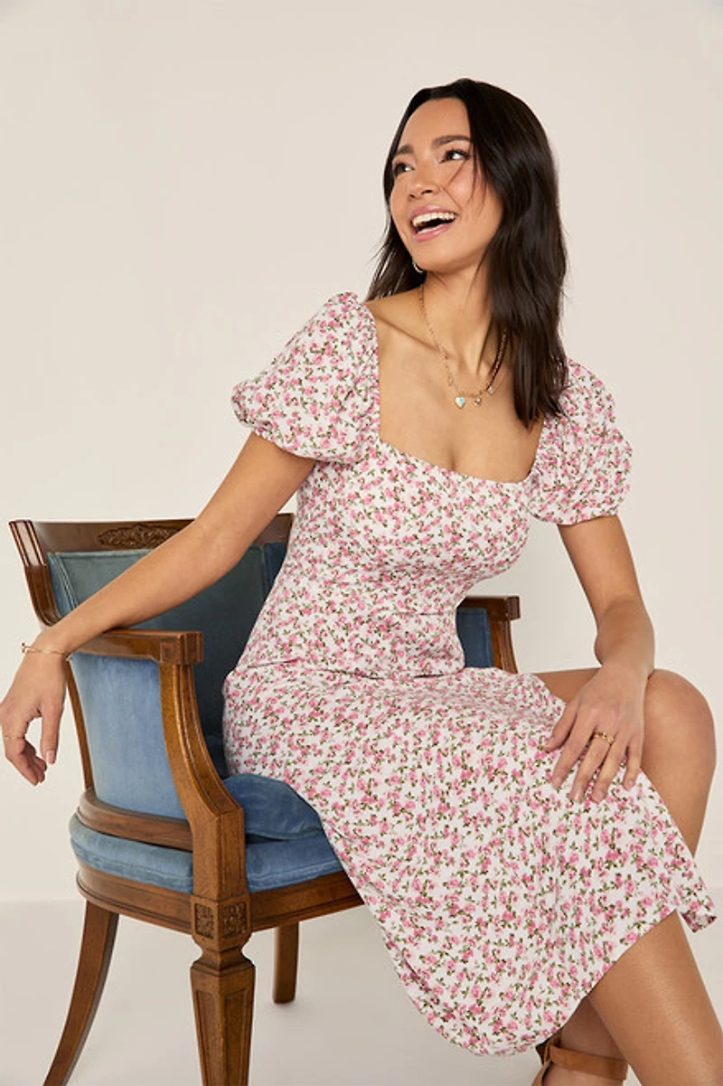 Tabitha Puff Sleeve Pink Floral Midi Dress