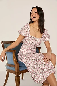 Tabitha Puff Sleeve Pink Floral Midi Dress