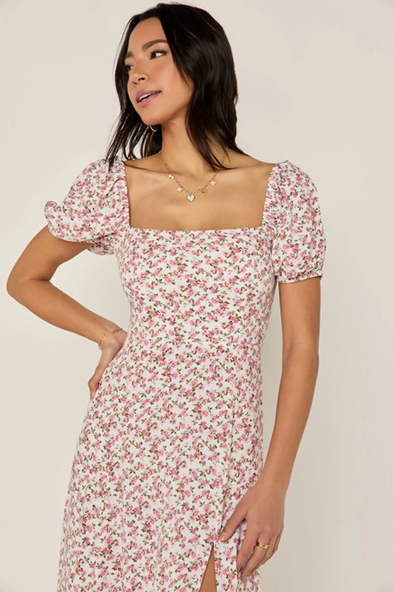 Tabitha Puff Sleeve Pink Floral Midi Dress