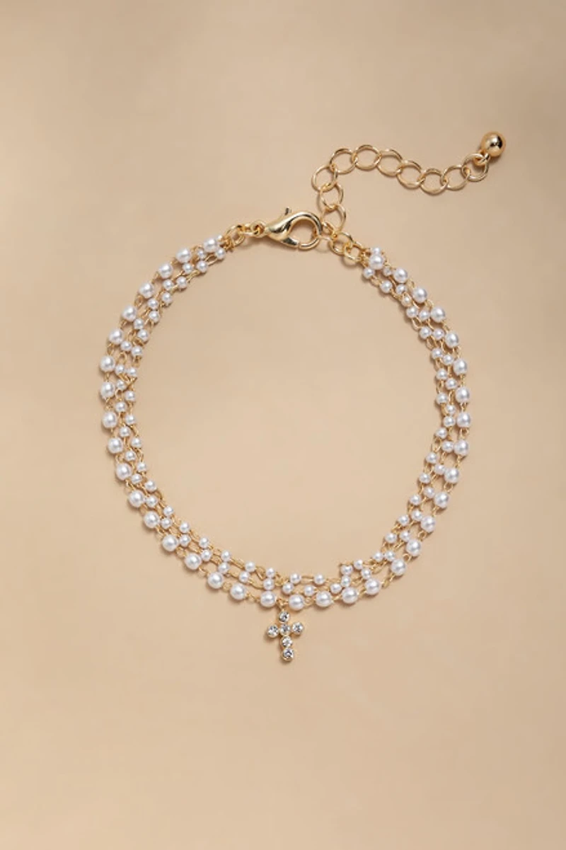 Eve Dainty Pearl Cross Bracelet