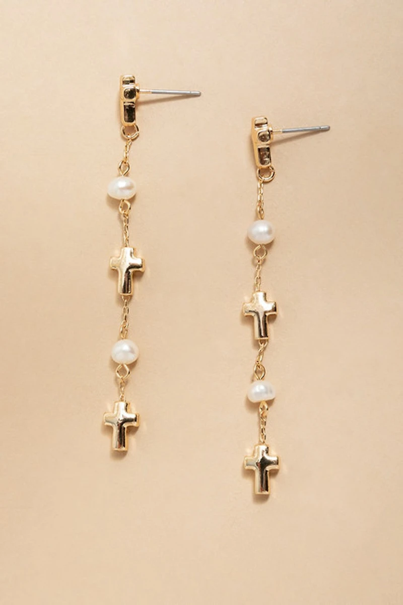 Mary Pearls And Crosses Drop Earrings