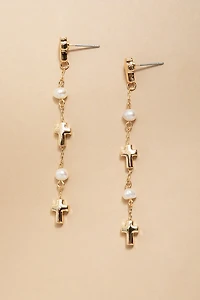 Mary Pearls And Crosses Drop Earrings
