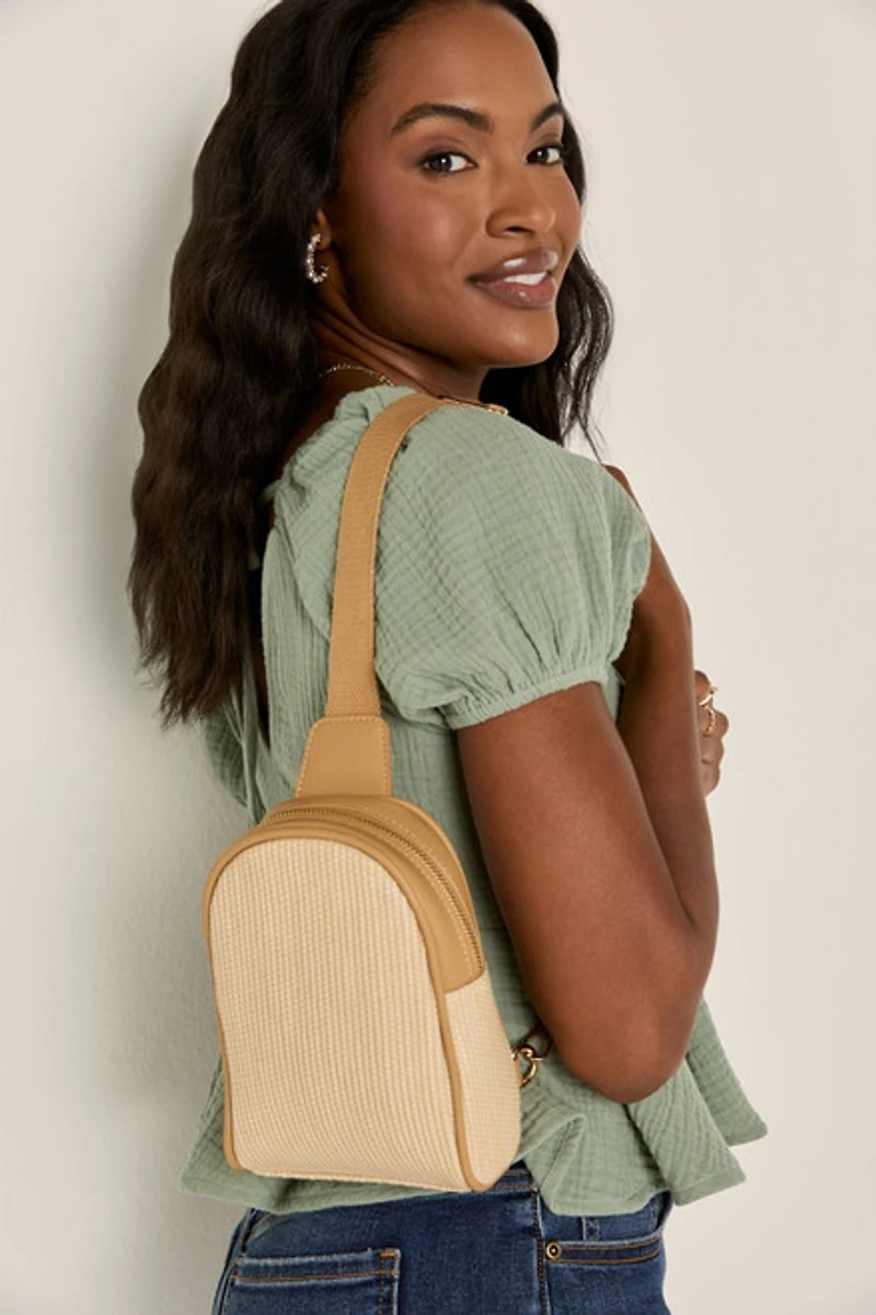 Stacey Straw And Faux Leather Sling Backpack