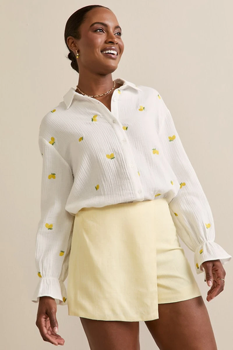 Cara Lemon Embroidered Button Down Top