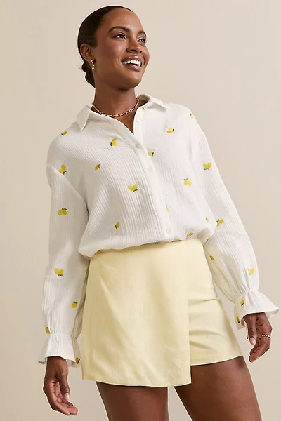 Cara Lemon Embroidered Button Down Top