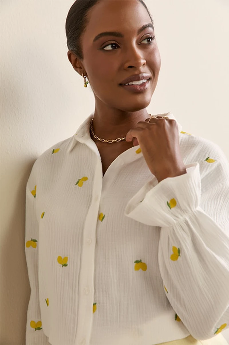 Cara Lemon Embroidered Button Down Top