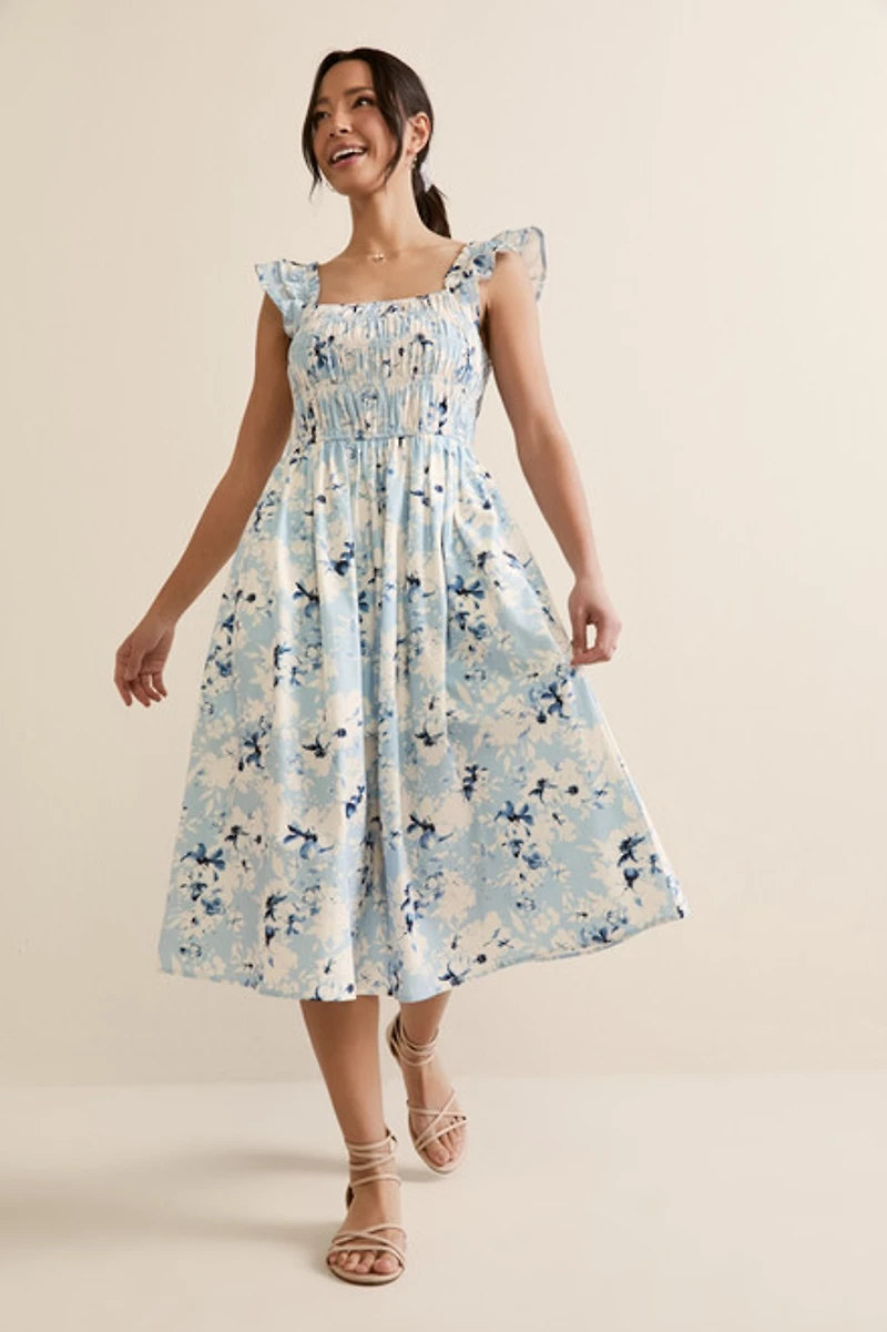 Jolene Flutter Sleeve Floral Midi Dress