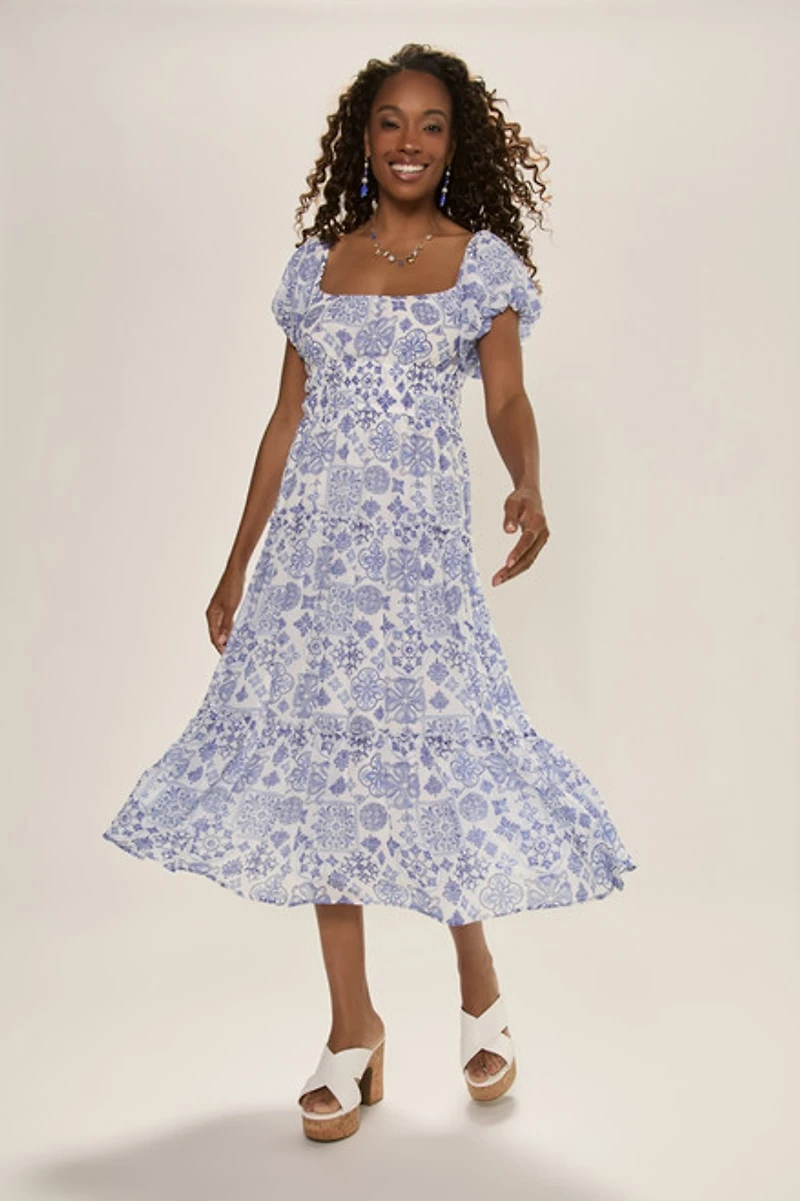 Liz Tile Print Tiered Midi Dress