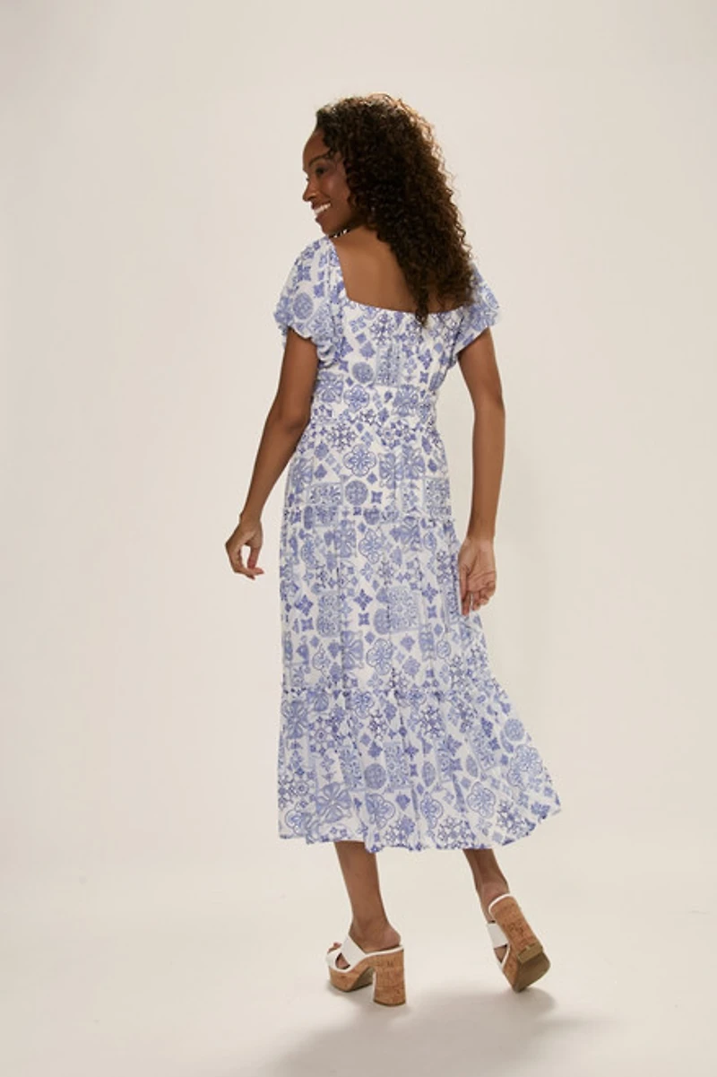 Liz Tile Print Tiered Midi Dress