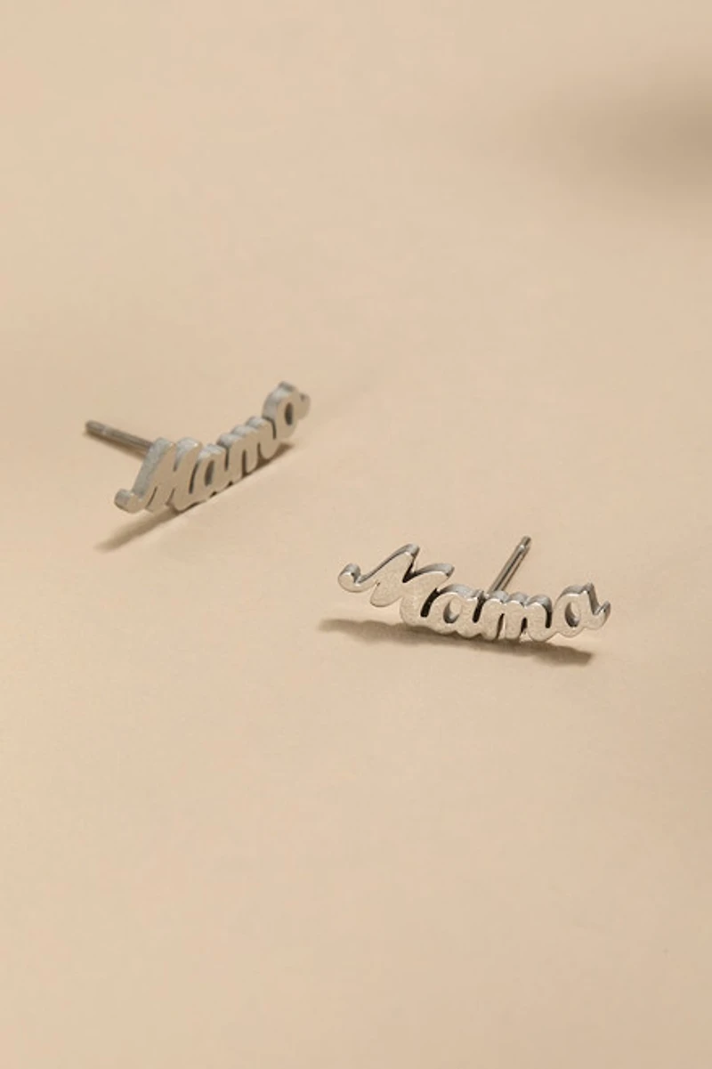 Mama Stainless Steel Silver Stud Earrings