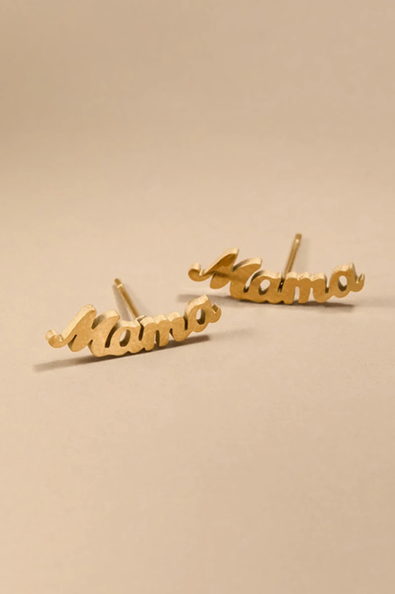 Mama Stainless Steel Gold Stud Earrings