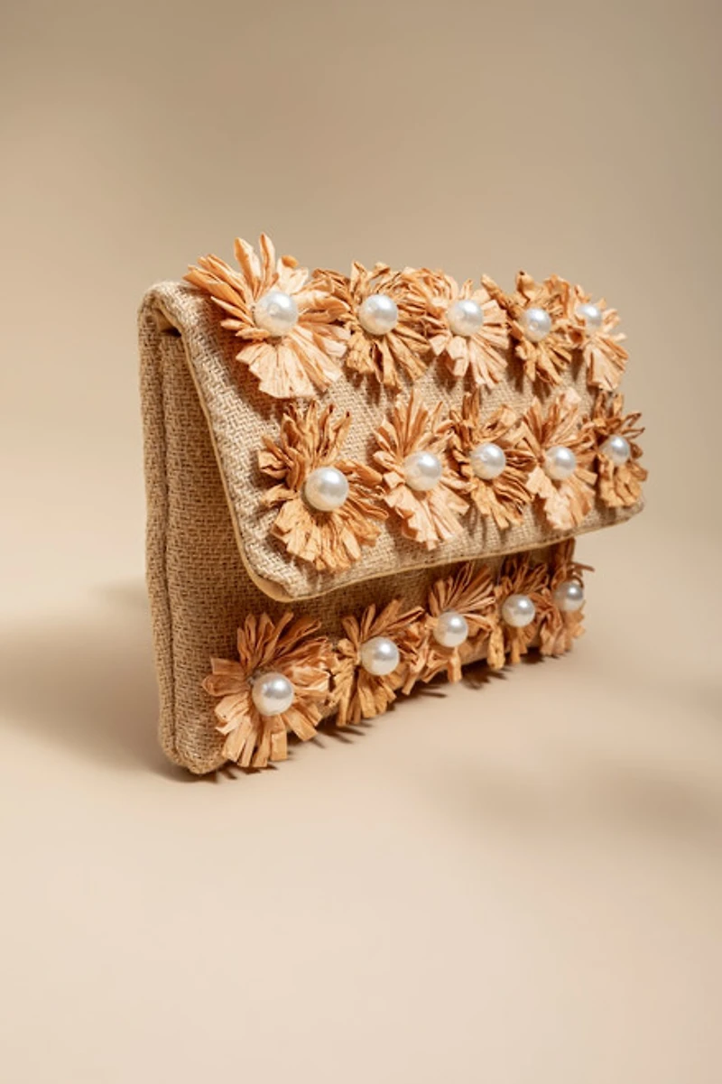 Alana Raffia Pearl Clutch Bag