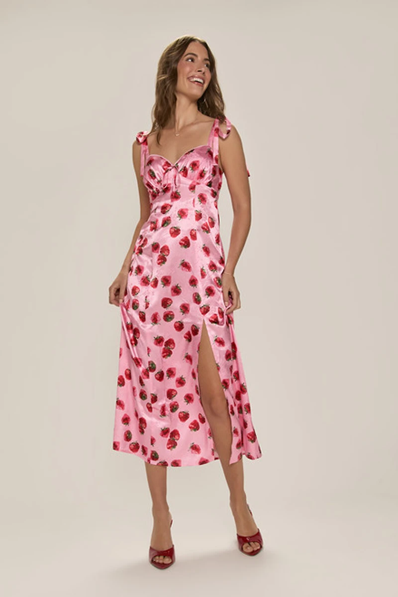 Jillian Strawberry Print Satin Midi Dress