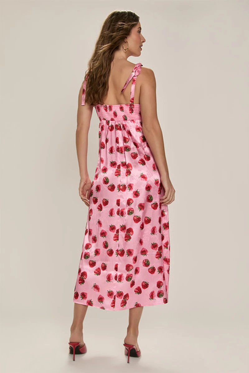 Jillian Strawberry Print Satin Midi Dress