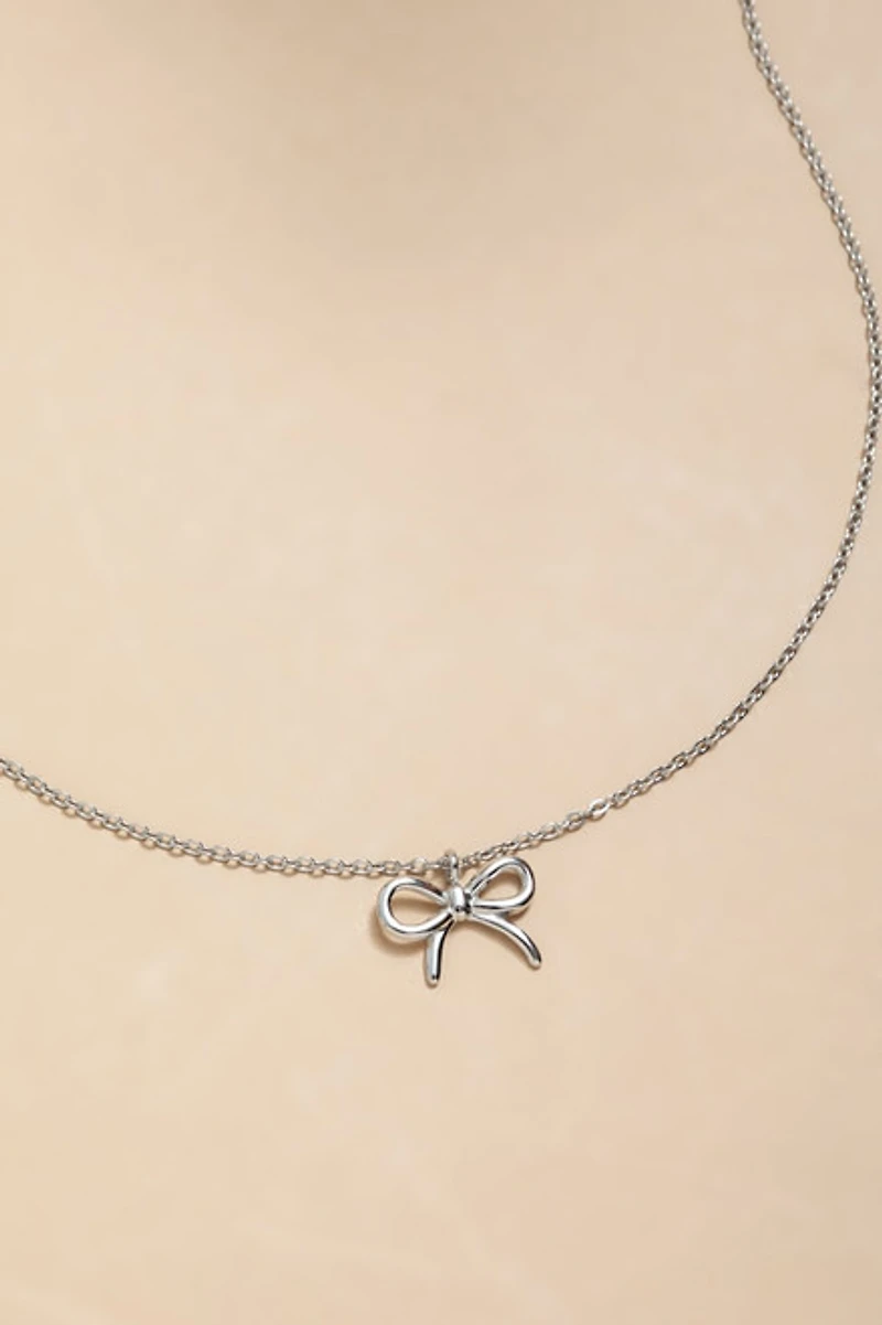 Victoria Stainless Steel Silver Bow Pendant Necklace
