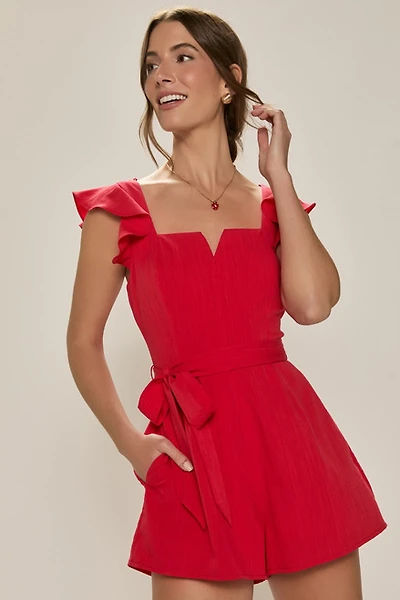 Amy Tie Waist Red Linen Romper