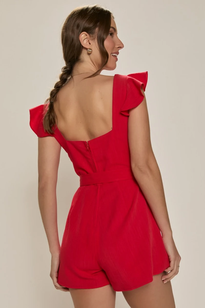Amy Tie Waist Red Linen Romper