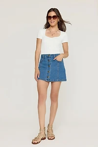 Ann Button Front Denim Mini Skirt