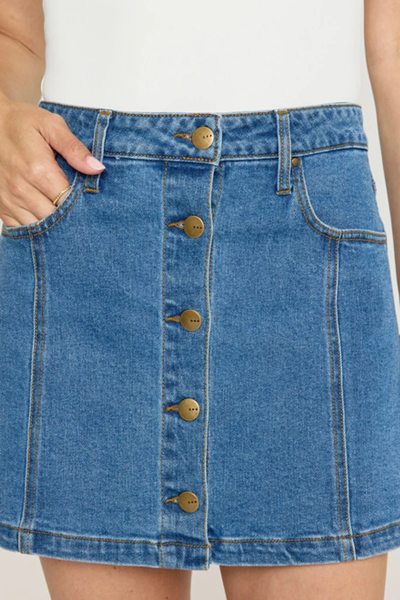 Ann Button Front Denim Mini Skirt