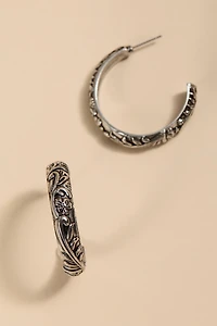 Amber Embossed Silver Hoop Earrings