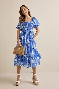 Eliza Puff Sleeve Floral Midi Dress