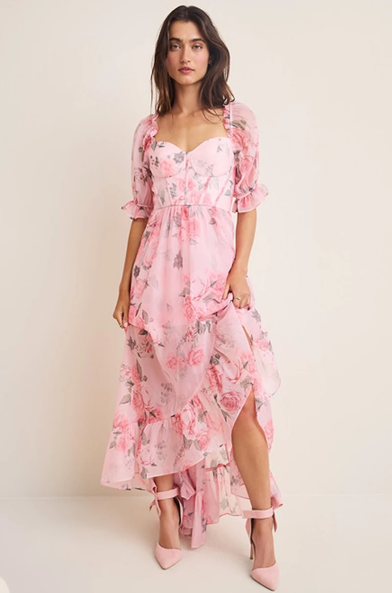 Francesca's Carrie Corset High-Low Floral Maxi Dress | Pacific City Francesca's Carrie Corset High-Low Floral Maxi Dress | Pacific City