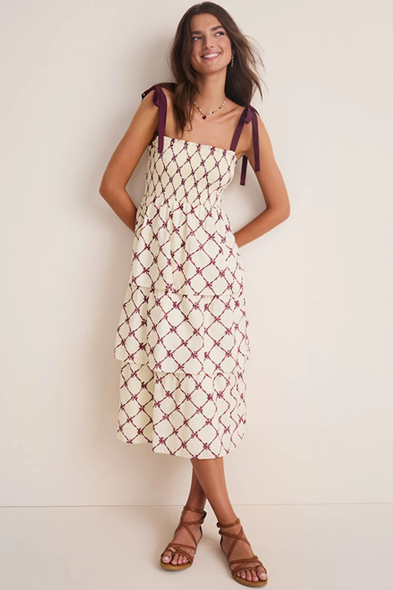 Angie Bow-Print Smocked Tiered Midi Dress