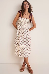 Angie Bow-Print Smocked Tiered Midi Dress