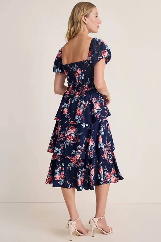 the helena square neck tiered midi dress smocked denim edition The Helena Square-Neck Tiered Midi Dress: Smocked Scallop Edition