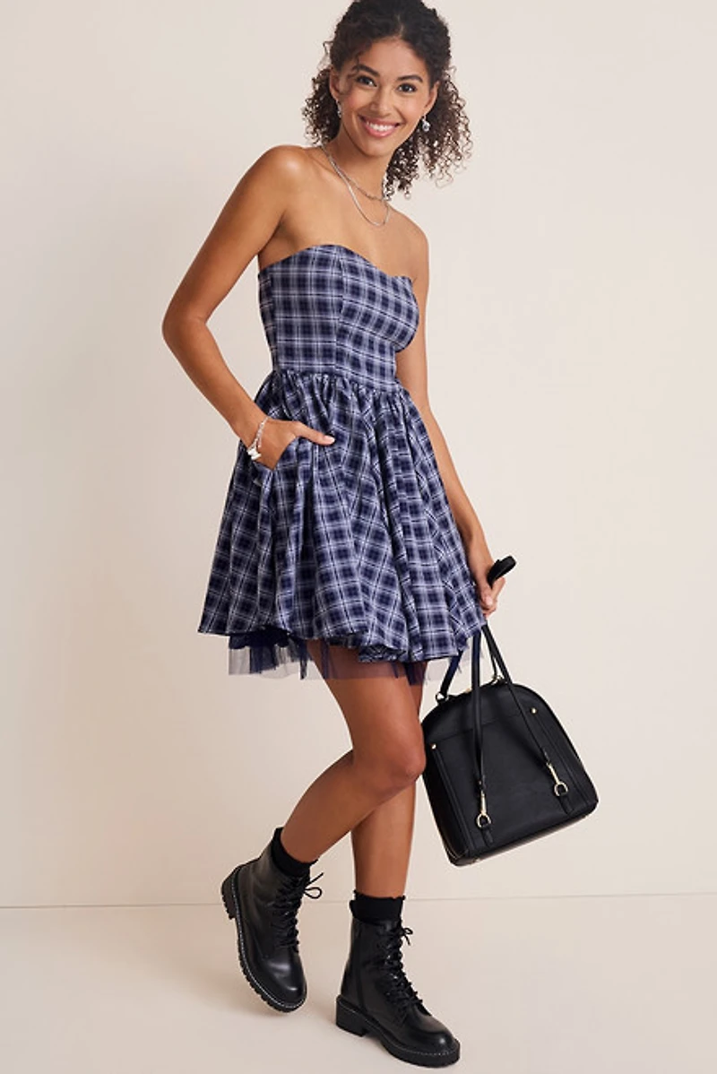 Kathrine Plaid Strapless Mini Dress