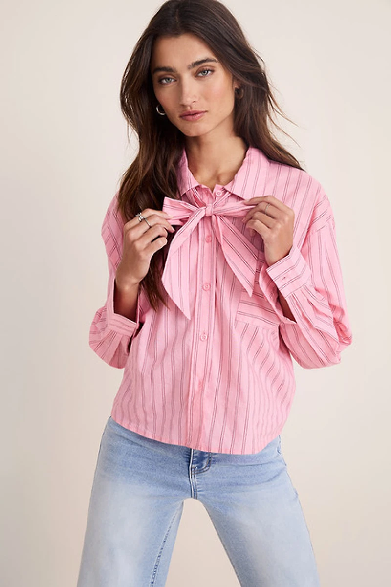 Zoe Pinstripe Bow‑Neck Button‑Down Blouse