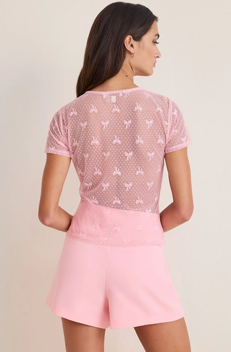 Vicky Short Sleeve Bow Mesh Top