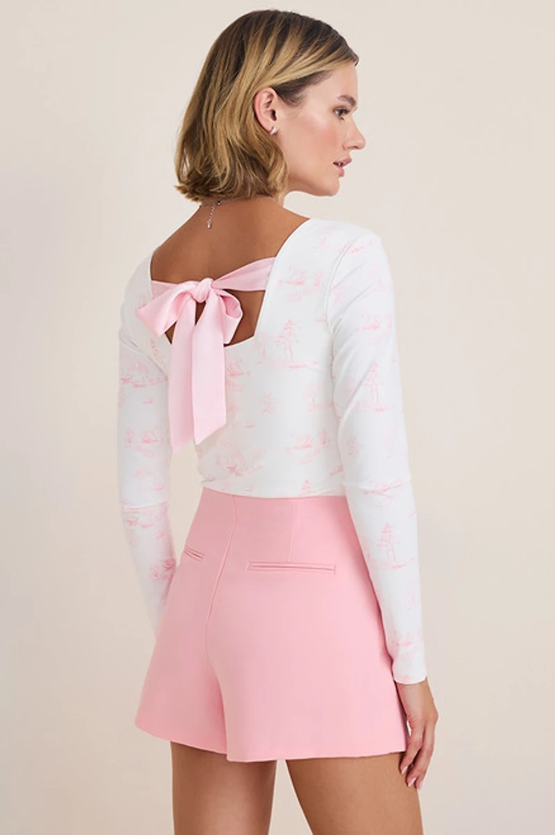 yummi by francesca's Toile Bow Back Long Sleeve Bodysuit