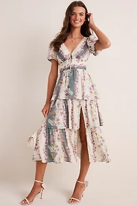Hillary V Neck Tiered Floral Midi Dress