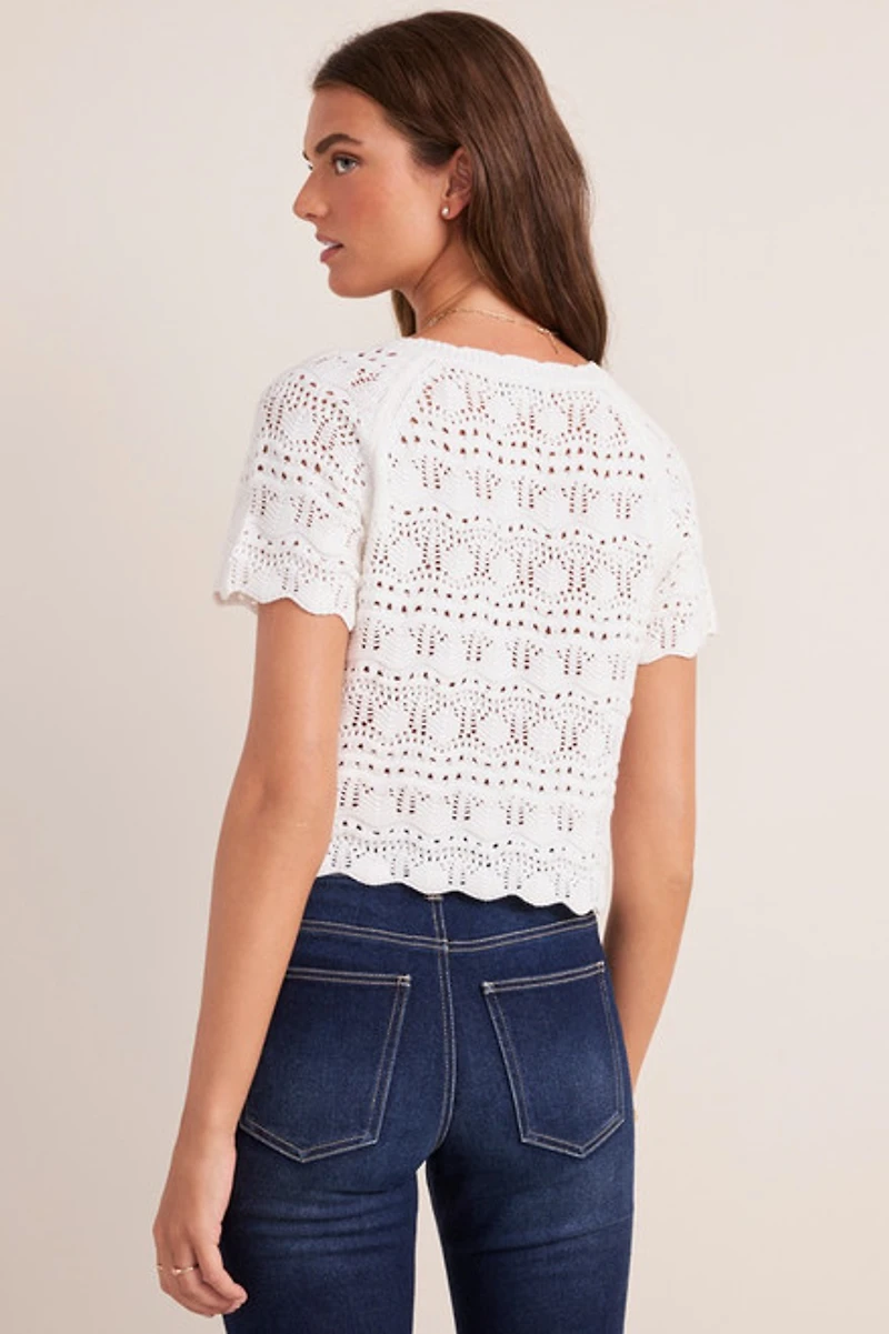 Lana Ivory Tie Front Pointelle Sweater Tee