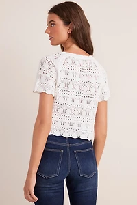 Lana Ivory Tie Front Pointelle Sweater Tee