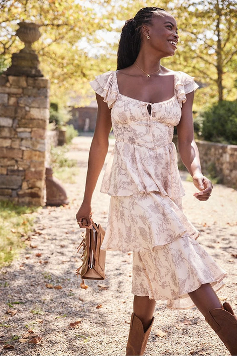 Mona Toile Print Corset Tiered Midi Dress