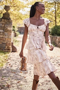 Mona Toile Print Corset Tiered Midi Dress