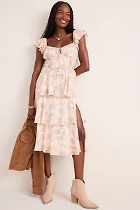 Mona Toile Print Corset Tiered Midi Dress