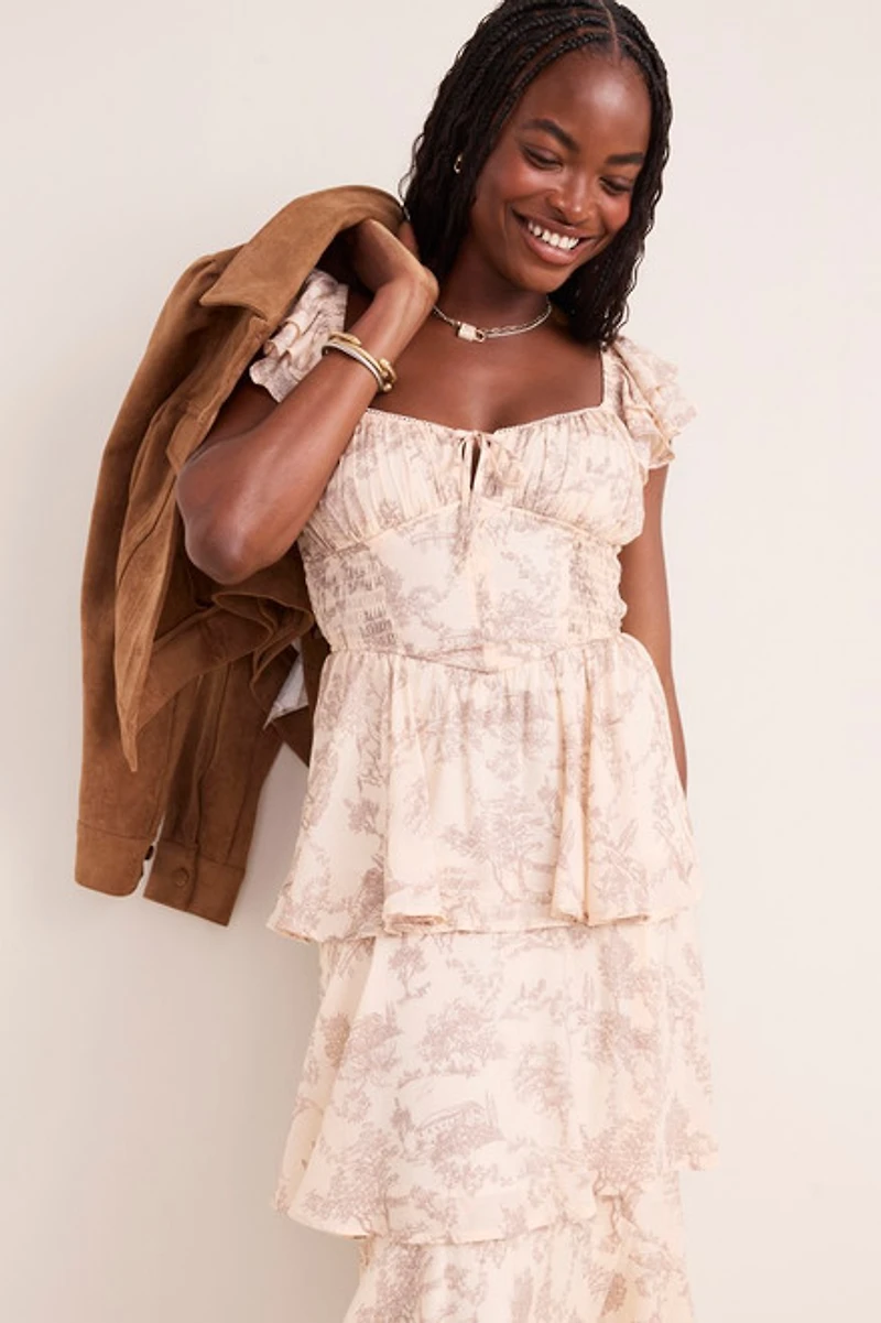 Mona Toile Print Corset Tiered Midi Dress