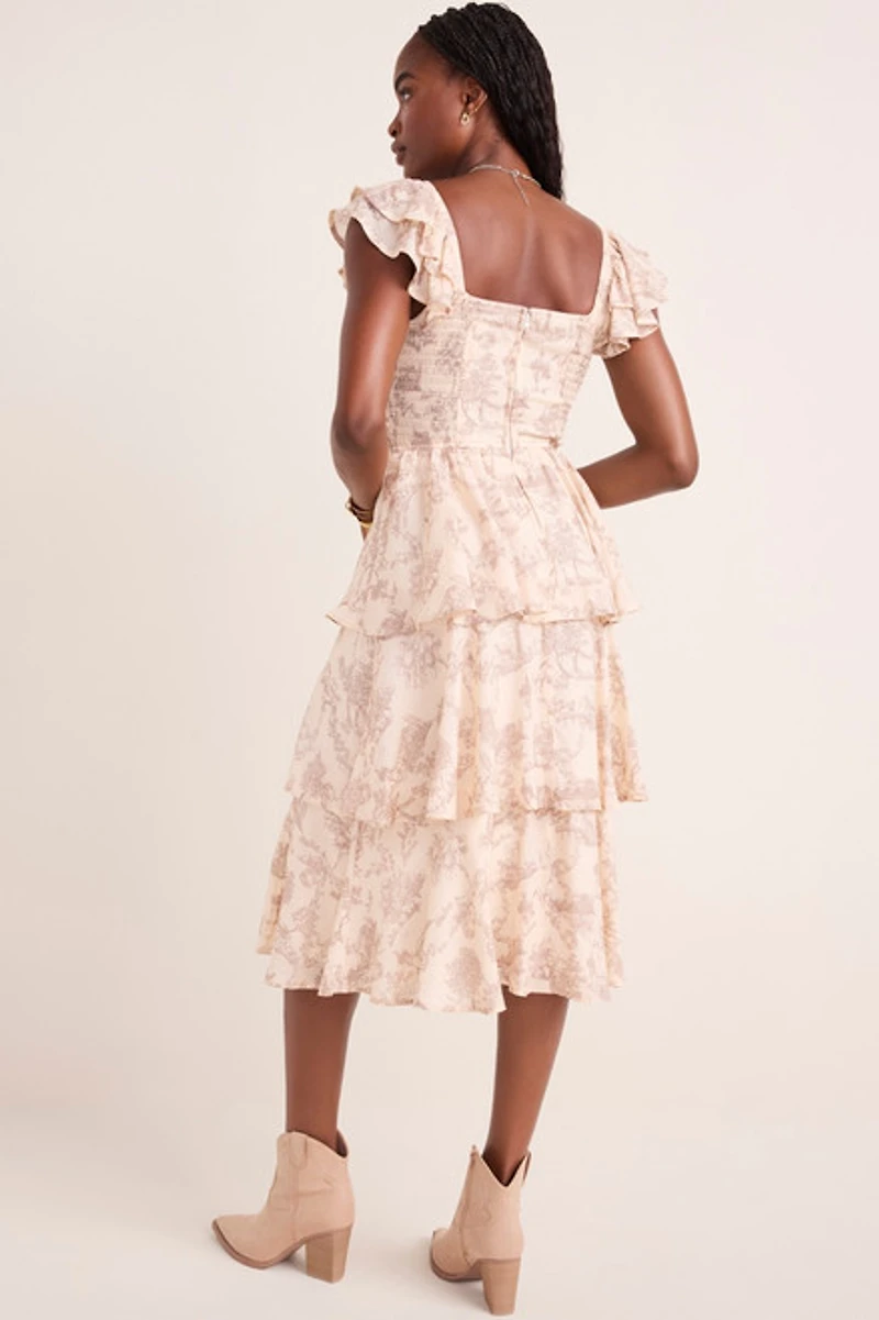 Mona Toile Print Corset Tiered Midi Dress