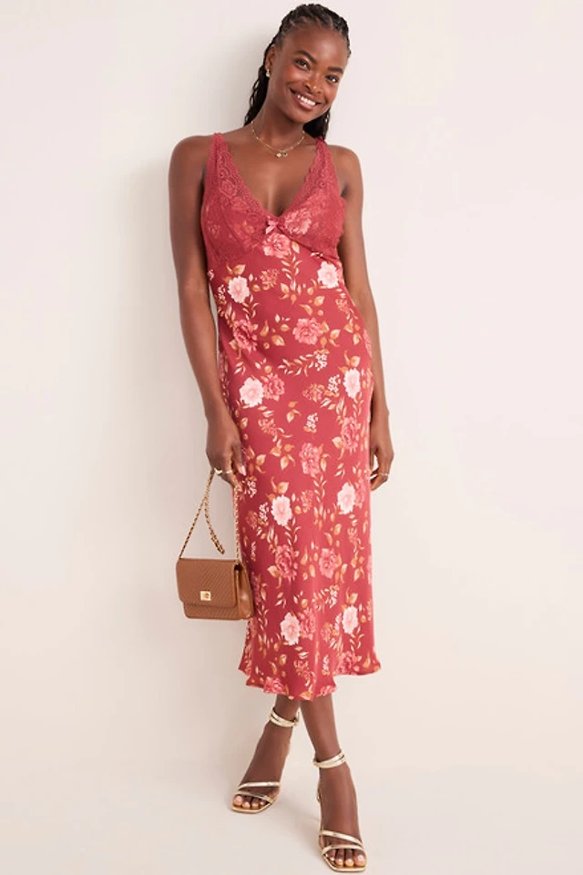 Francesca's Gina Lace Trim Floral Midi Dress | Pacific City