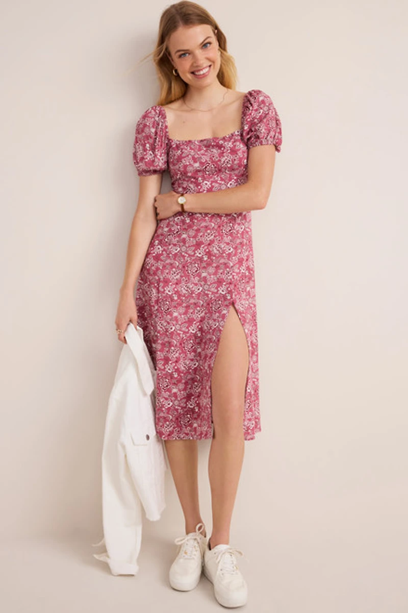 Lessie Puff Sleeve Floral Midi Dress