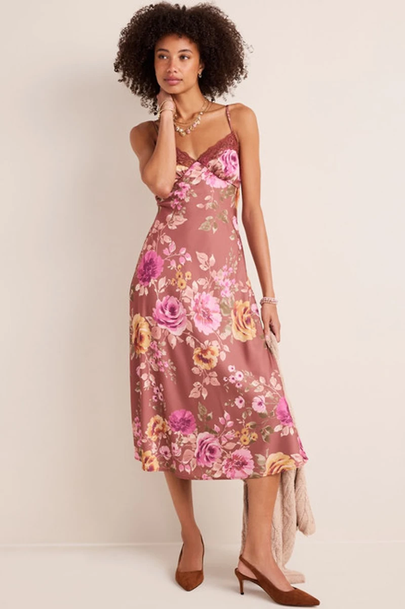 Liz Floral Satin Slip Midi Dress