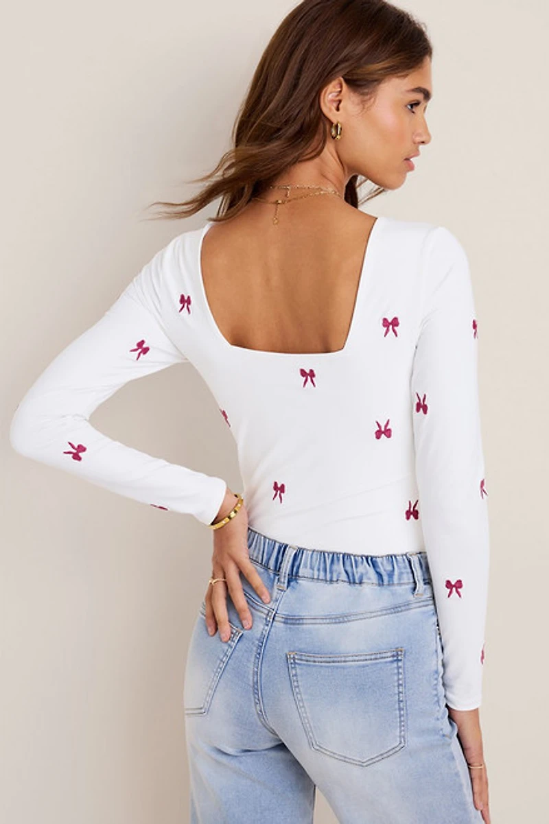 yummi by francesca's Bow Embroidered Bodysuit